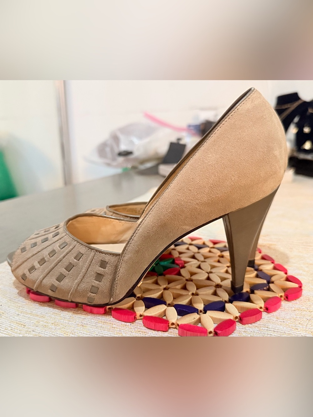 Cole Haan Taupe Suede Peep-Toe Wedges